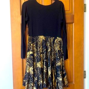 Bel Kazan Long Sleeve Black Fit n’ Flare Mini Dress w/ Gold Printed Skirt size M